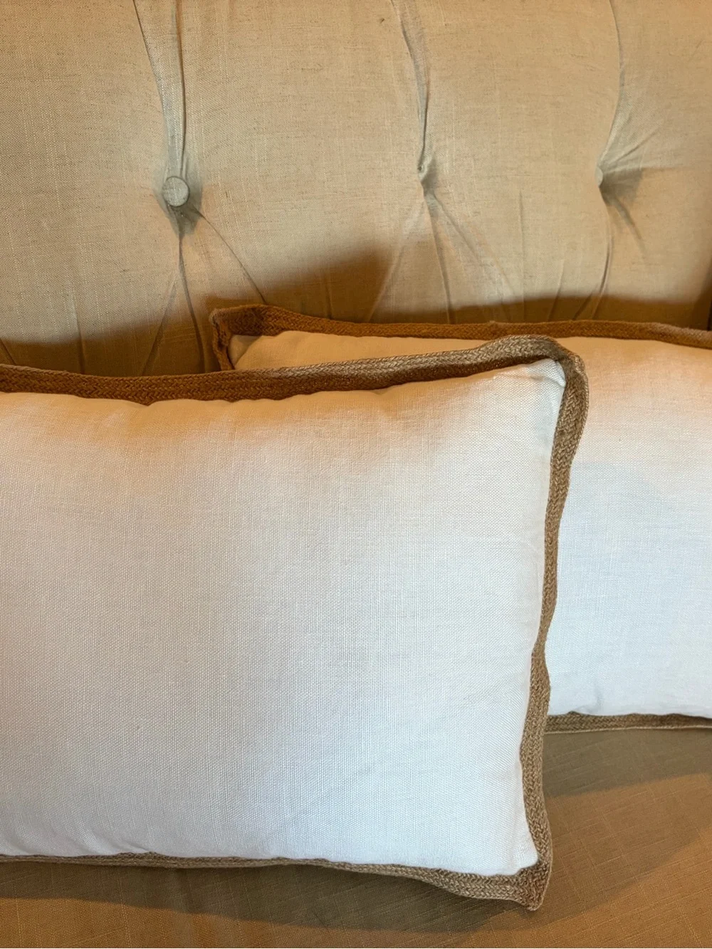 EUC Canaan Company pair of Throw Pillows jute Braid Trim white see pictures